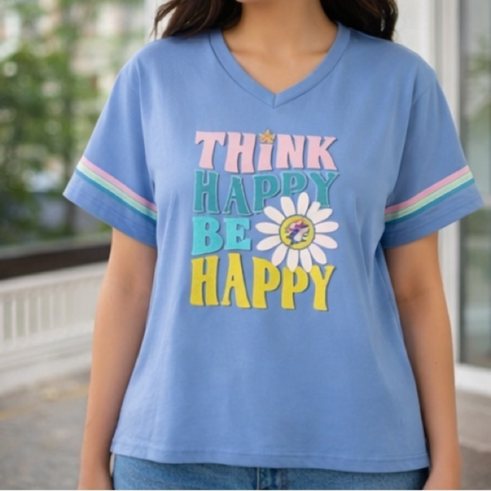 Buc-ee’s Graphic Tee Womens Large Think Happy Be Happy Blue V Neck Shirt